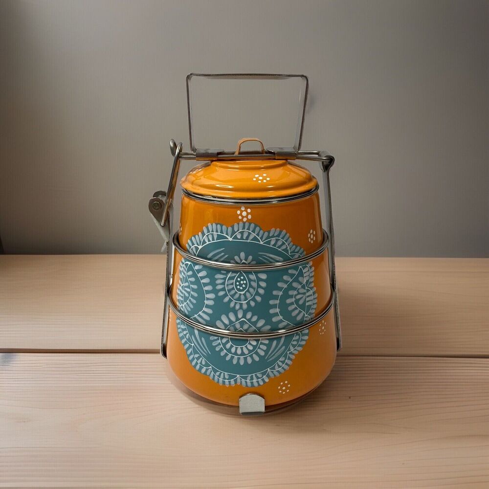 Orange and Teal Insulated Tiffin Food Carrier - Stylish Stackable Lunch Pot
